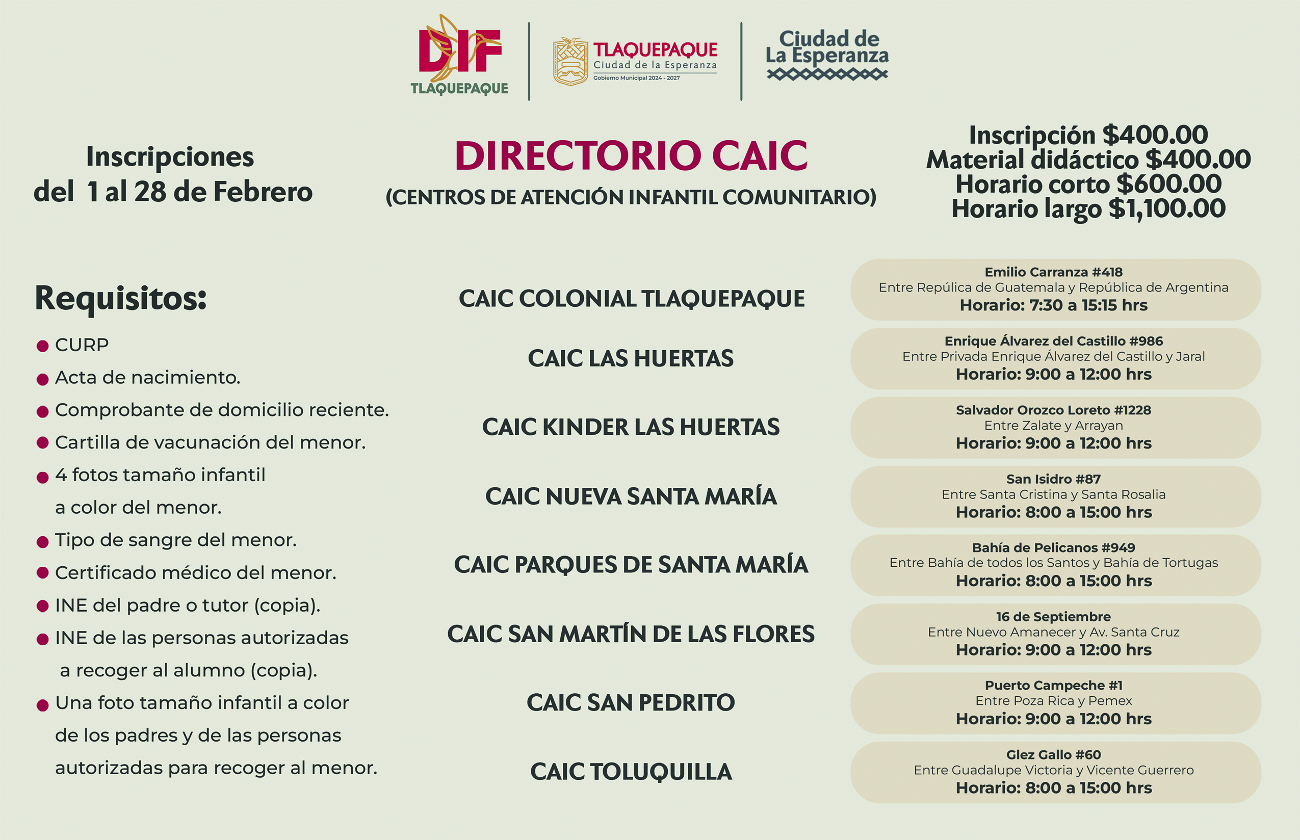 Inscripción a Centros de Atención Infantil Comunitarios (CAIC´s) febrero 2025